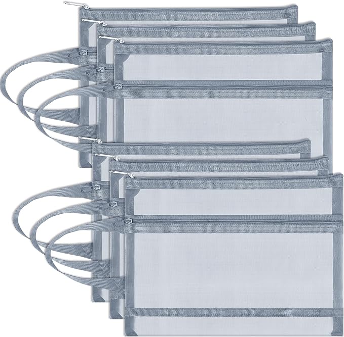 6 Pack Mesh Zipper Pouch Bags, Double Layer Nylon Pouch with Handle for Office Travel Organization (Grey, A4)