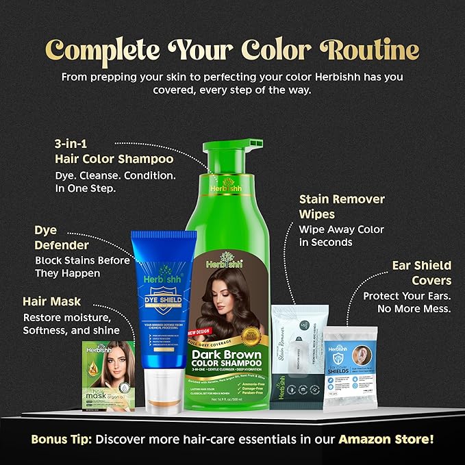 Herbishh Hair Color Shampoo - Magic Dye for Gray Hair, Lasting Color in Minutes - 500 Ml, 3-In-1, Ammonia-Free (Dark Brown)