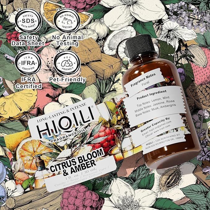 HIQILI Citrus Bloom & Amber Fragrance Oil for Candle, Soap Making, Floral Scent, Essential Oil Diffuser Use, Hair Care - 1 Fl Oz