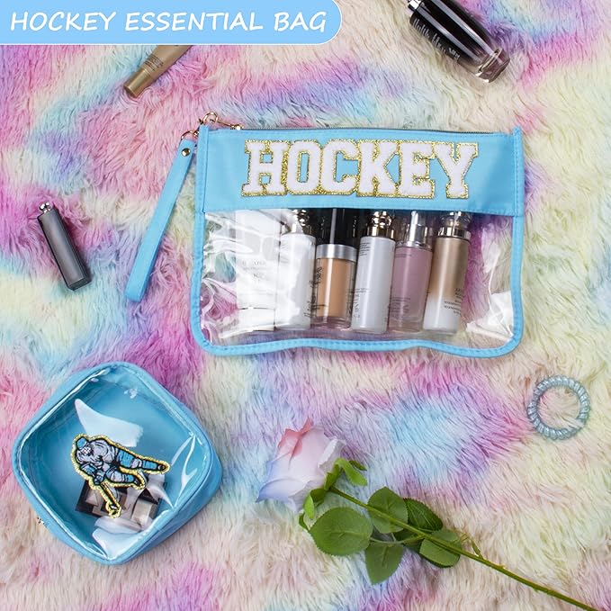 2 Pcs Hockey Gifts Makeup Bag with Chenille Letter Patch, Clear Cosmetic Pouch PVC Organizer Purse, Waterproof Travel Bag, Portable Toiletry Storage Bag for Her Girls Friends Women