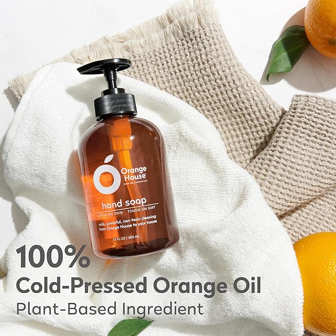 ORANGE HOUSE Natural Liquid Hand Soap, Food-Grade Orange Oil Moisturizing Hand Wash, Plant-Based & Hypoallergenic, Gentle for Sensitive Skin, Non-Toxic Citrus Scented Soap, 12 Fl Oz (6 Pack)