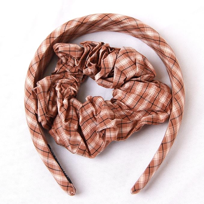 Headband and Scrunchie Set for Women 2Pack Hair Ties for Girls Elastics Bands Ponytail Holder Hair Accessories Coffee Lattice