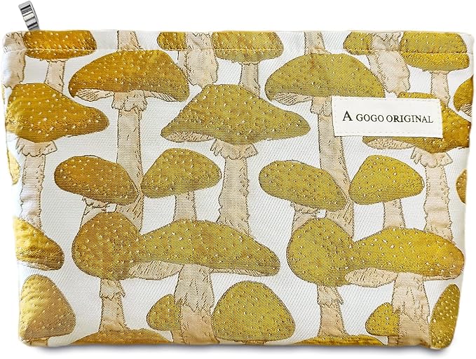 STARDW Cute Makeup Bag Aesthetic Cosmetic Bags for Women Girls, Travel Toiletry Bag Large Capacity Zipper Makeup Pouch, Purse Organizer Pouches,Canvas Lining (Yellow Mushroom)