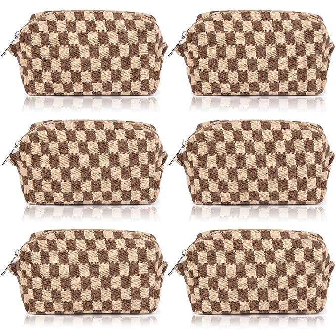 SOIDRAM Checkered Makeup Bag Preppy Cosmetic Bag Bulk Brown Makeup Pouch Personalize Travel Toiletry Bag Organizer Cute DIY Makeup Brushes Storage Bag for Women