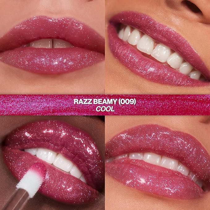 REVLON Super Lustrous Glimmer Gloss, Non-Sticky Lip Gloss, High-Shine Finish, Plant-Based Glitter, 009 Razz Beamy, 0.13 fl oz