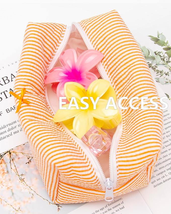 PAZIMIIK Cozy Makeup Bag Small Aesthetic Travel Zipper Cosmetic Pouch for Women Make Up Beauty Accessories Brushes, Stripe Orange