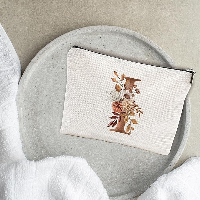 A-Z Boho Personalized Cosmetic Bag-Floral Cotton Letter Makeup Bag With Zipper-Artistic Cosmetic Bag For Travel-Bride,Birthday Gift For Women Daughter Friends-Women Makeup Organizer-A09
