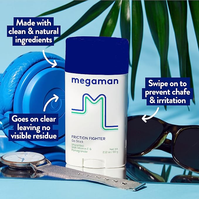 Megababe Megaman Friction Fighter Go Anti-Chafe Stick | Prevents skin chafe & irritation | Thighs, arms, & more | 2.12 oz
