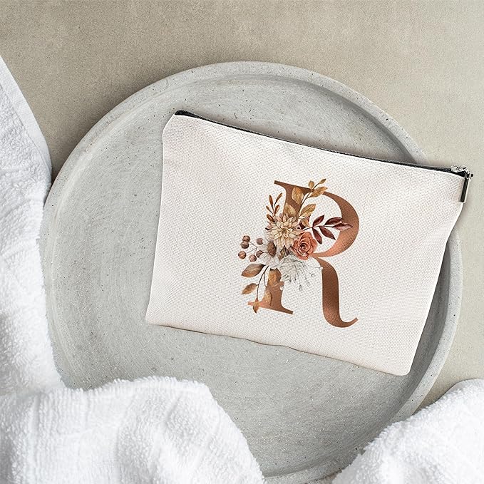A-Z Boho Personalized Cosmetic Bag-Floral Cotton Letter Makeup Bag With Zipper-Artistic Cosmetic Bag For Travel-Bride,Birthday Gift For Women Daughter Friends-Women Makeup Organizer-A18