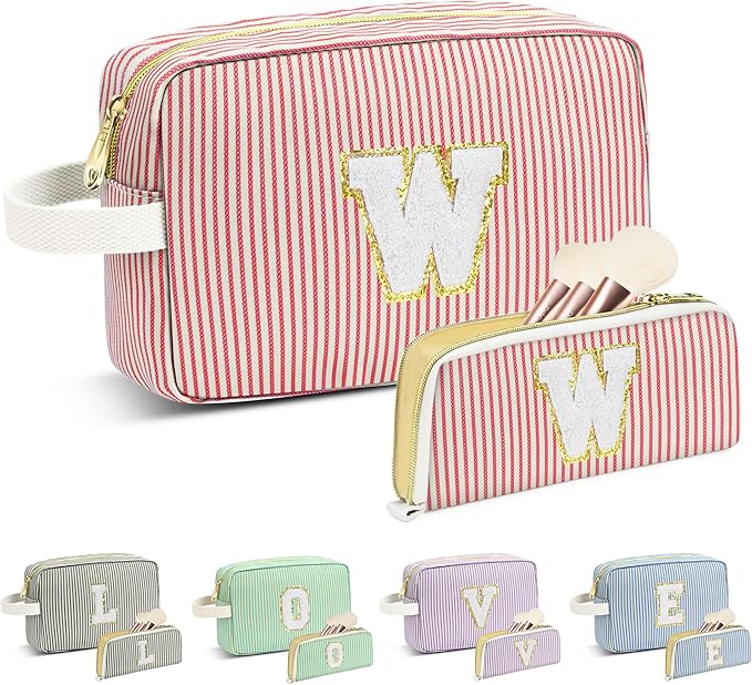 Travel Makeup Bag Christmas Gifts for Women Girl Teens, Personalized Initial Makeup Bag for Cute Teen Girls, Preppy Stuff Toiletry Bag Cosmetic Bag, Teen Girls Gift Trendy Stuff, Letter W