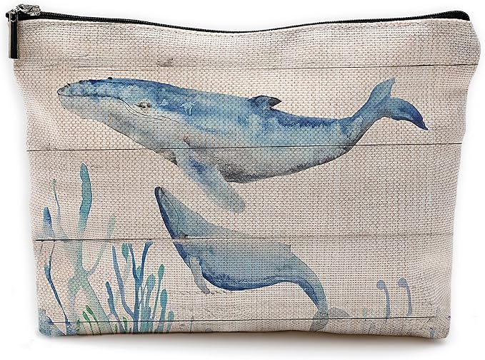 Watercolor Beach Ocean Whale Makeup Bag Travel Cosmetic Bags,Rustic Marine Life Sea Animal Cosmetic Bags with Zipper Pouch Travel Toiletry Case,Gifts for Whale Lovers