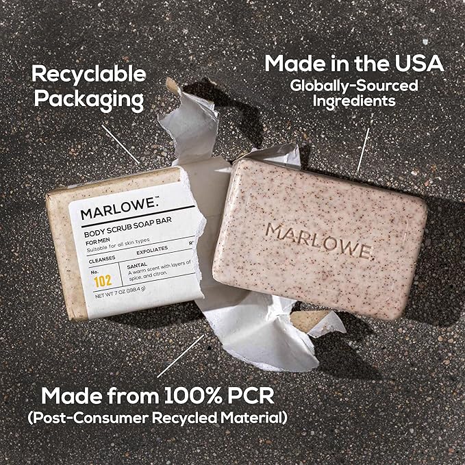 MARLOWE. No. 102 Body Scrub Soap 7 oz (3 Bars), Santal, Exfoliating Soap Bar with Shea Butter, Olive Oil & Green Tea Extracts, Cleanses, Smooths & Revitalizes Skin, Warm Amber, Spice & Citron Scent