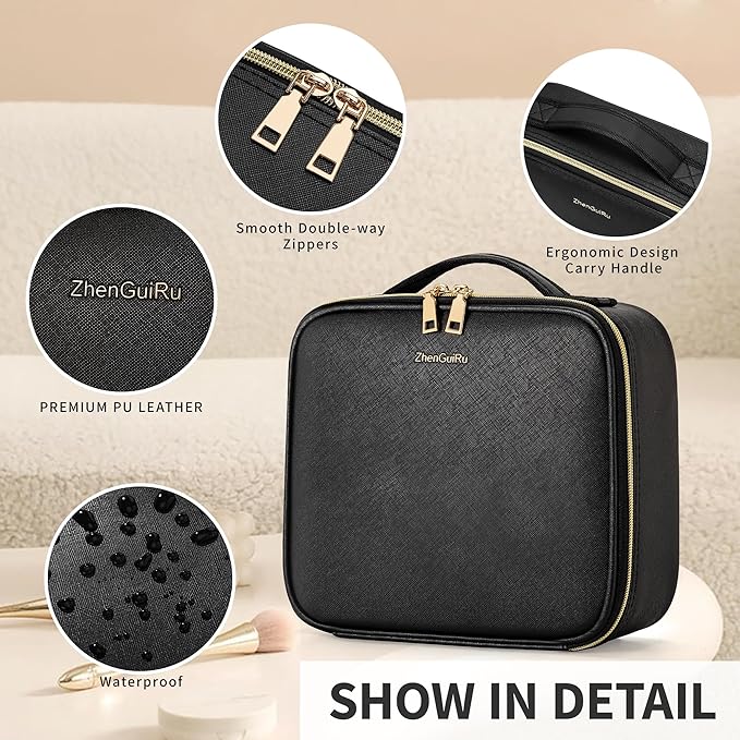 Travel Makeup Bag, Makeup Train Case, Portable Makeup Artist Organizer with Adjustable Dividers, Cosmetic Brush Holder Storeage