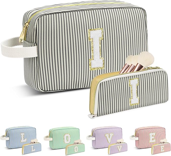 Travel Makeup Bag Christmas Gifts for Women Girl Teens, Personalized Initial Makeup Bag for Cute Teen Girls, Preppy Stuff Toiletry Bag Cosmetic Bag, Teen Girls Gift Trendy Stuff, Letter I