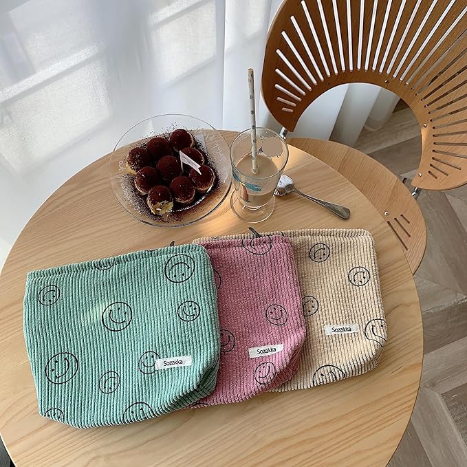 Cosmetic Bags for Women - Corduroy Cosmetic Bag Aesthetic Women Handbags Purses Smile Dots Makeup Organizer Storage Makeup Bag Girls Case Bags (A-Blue)
