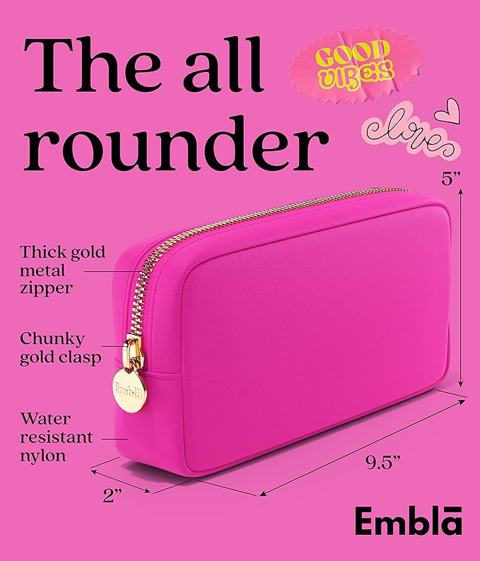 Embla Makeup Bag Travel Cosmetics Pouch and Toiletry Bag, Nylon Zipper Pouch Purse, Cute Make Up Organizer Storage Tote for Women Girls, Waterproof Travel Skincare Case, Small Makeup Bags, Fuchsia