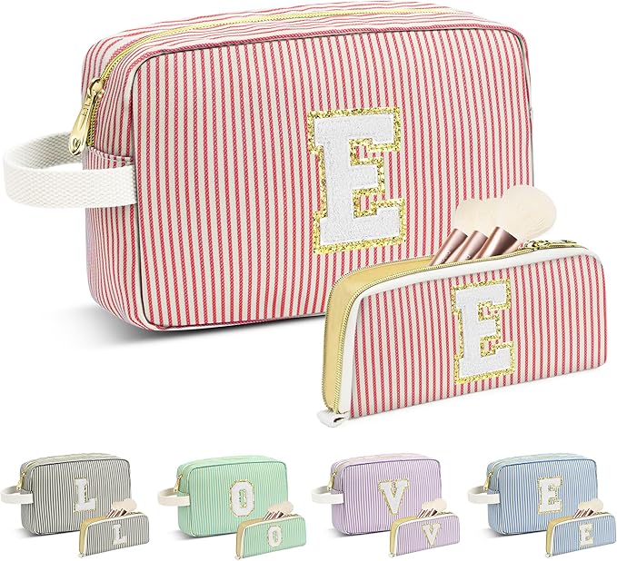 Travel Makeup Bag Christmas Gifts for Women Girl Teens, Personalized Initial Makeup Bag for Cute Teen Girls, Preppy Stuff Toiletry Bag Cosmetic Bag, Teen Girls Gift Trendy Stuff, Letter E