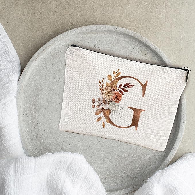 A-Z Boho Personalized Cosmetic Bag-Floral Cotton Letter Makeup Bag With Zipper-Artistic Cosmetic Bag For Travel-Bride,Birthday Gift For Women Daughter Friends-Women Makeup Organizer-A07