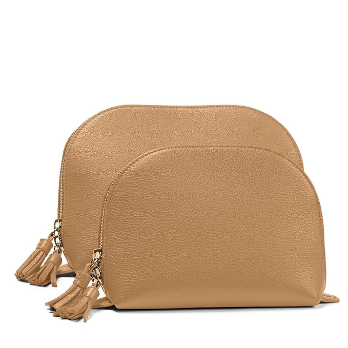 Leatherology Camel Leather Makeup Bag Set – Clamshell Cosmetic Organizer Duo – Full Grain Leather with Waterproof Lining & Tassel Zippers – Travel Toiletry Bags for Skincare & Beauty