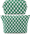 SOIDRAM 2 Pieces Makeup Bag Large Checkered Cosmetic Bag Capacity Canvas Mix Travel Toiletry Bag Organizer Cute Makeup Brushes Aesthetic Accessories Storage Bag for Women, Checkered Mix Green