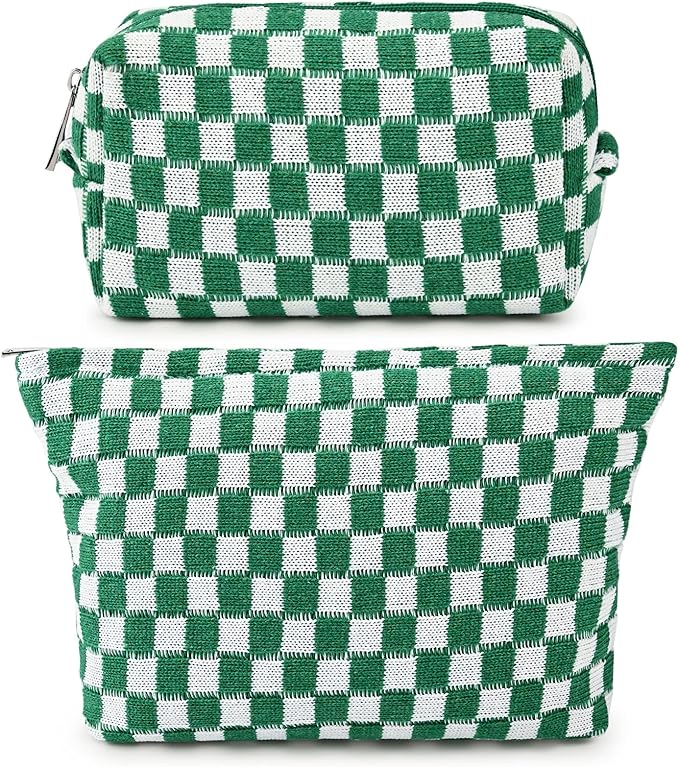 SOIDRAM 2 Pieces Makeup Bag Large Checkered Cosmetic Bag Capacity Canvas Mix Travel Toiletry Bag Organizer Cute Makeup Brushes Aesthetic Accessories Storage Bag for Women, Checkered Mix Green
