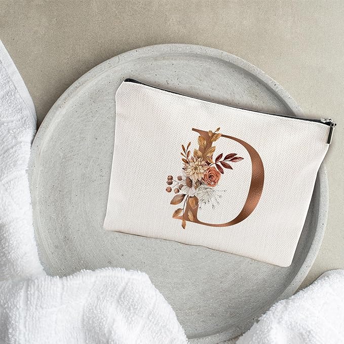 A-Z Boho Personalized Cosmetic Bag-Floral Cotton Letter Makeup Bag With Zipper-Artistic Cosmetic Bag For Travel-Bride,Birthday Gift For Women Daughter Friends-Women Makeup Organizer-A04