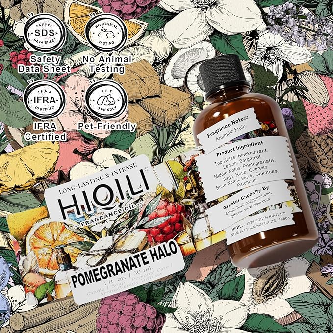 HIQILI Pomegranate Halo Fragrance Oil for DIY Perfume, Candles, Soap, Lotion & Pet Deodorizer, Fruity & Fresh Long-Lasting Scent, with Dropper - 1 Fl Oz