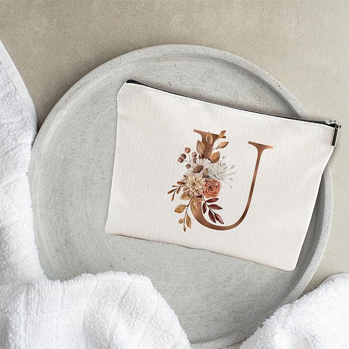 A-Z Boho Personalized Cosmetic Bag-Floral Cotton Letter Makeup Bag With Zipper-Artistic Cosmetic Bag For Travel-Bride,Birthday Gift For Women Daughter Friends-Women Makeup Organizer-A21