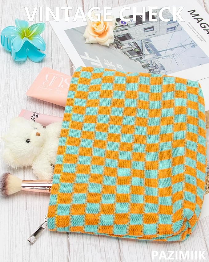 PAZIMIIK Knitted Checkered Makeup Bag Large Zipper Make Up Accessory Pouch for Purse Cosmetic Brush Bag for Travel Essential Orange Green