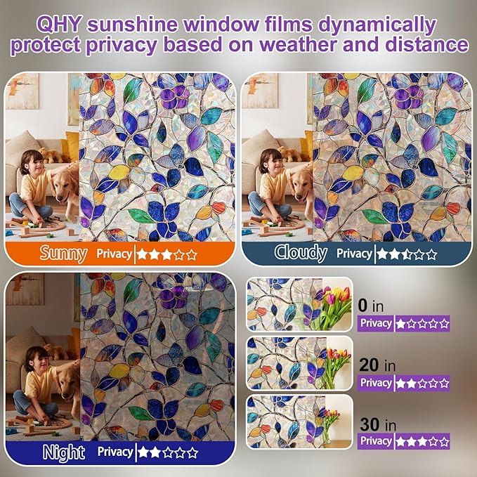Stained Glass Window Privacy FilmDecorative Rainbow Static Clings -ldeal for Home &Office,Adhesive-Free,Removable, Uv-Blocking (Purple Rainbow, 35.4 X 157.4 in)