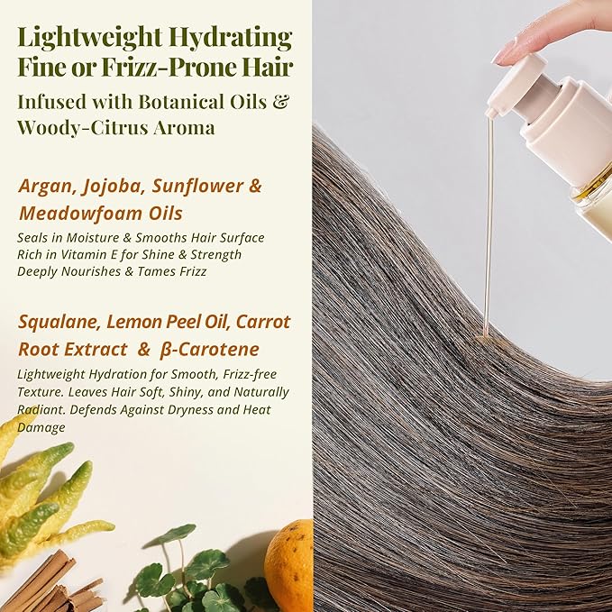 Leave-In Hair Oil – Lightweight Hydrating Blend with Jojoba & Argan Oils for Smoothness, Shine & Frizz Control, Sandalwood & Bergamot Aroma, for Fine or Frizz-Prone Hair, 3.4 fl oz / 100 ml