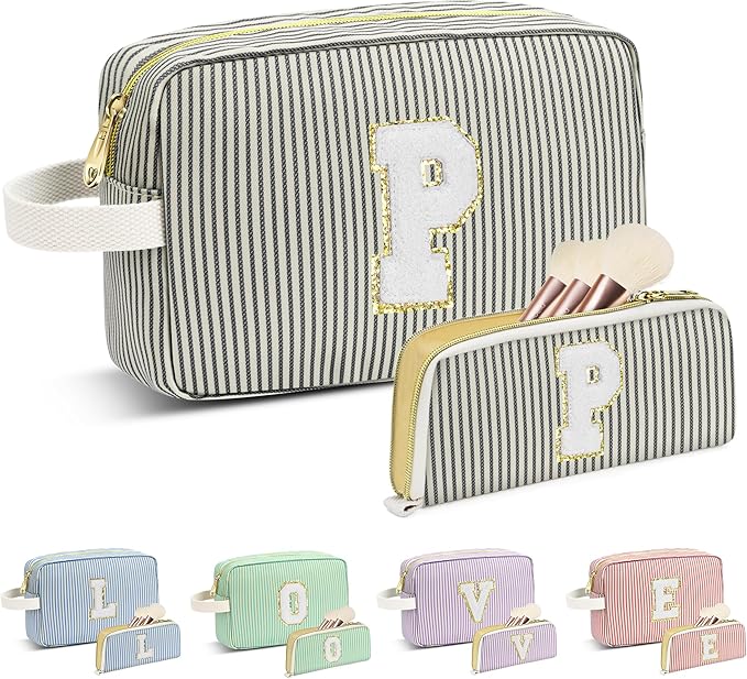 Travel Makeup Bag Christmas Gifts for Women Girl Teens, Personalized Initial Makeup Bag for Cute Teen Girls, Preppy Stuff Toiletry Bag Cosmetic Bag, Teen Girls Gift Trendy Stuff, Letter P
