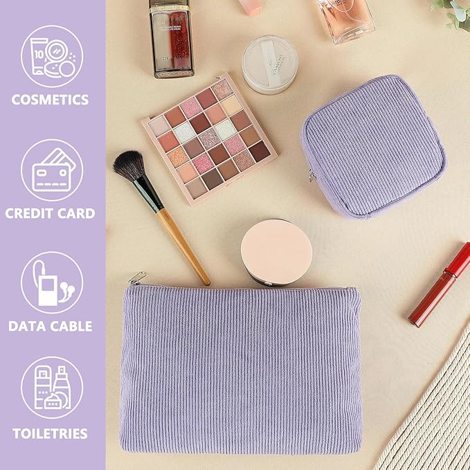 Corduroy Makeup Bag, Travel Cosmetic Bag Organizer Toiletry Bag Make Up Bags with Zipper & Compartments for Women Girls, 2PCS