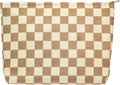 PAZIMIIK Makeup Bag Large Zipper Corduroy Make Up Pouch for Purse Travel Canvas Cosmetic Organizer for Women Brush Storage,Checkered Light Brown
