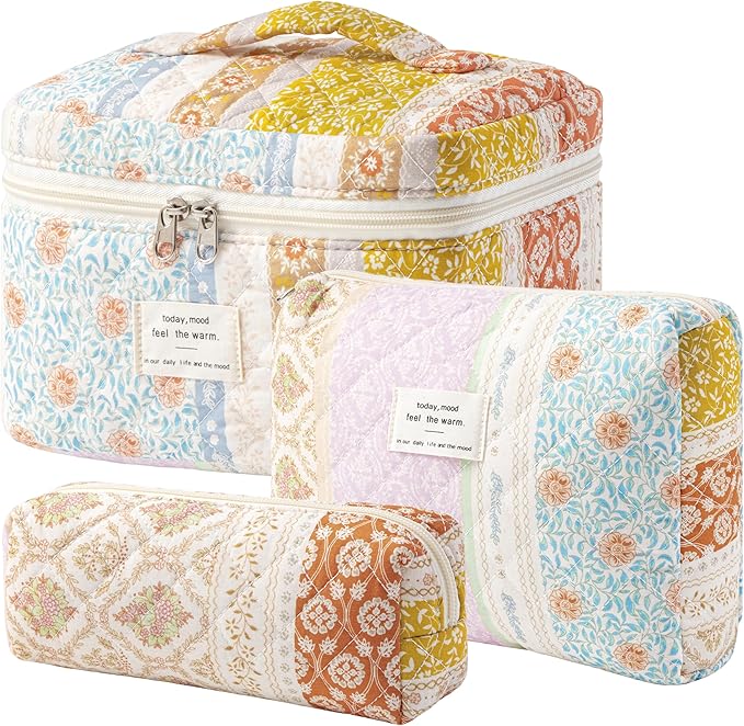 HBselect Quilted Makeup Bag, 3PCS Cotton Large Travel Makeup Bag, Cute Floral Coquette Make up Bag Cosmetic Bag Toiletry Bag for Women Girls