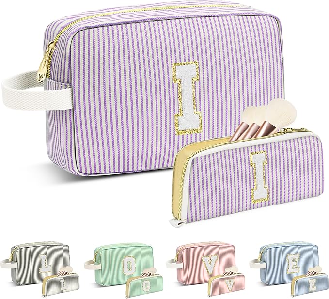 Travel Makeup Bag Christmas Gifts for Women Girl Teens, Personalized Initial Makeup Bag for Cute Teen Girls, Preppy Stuff Toiletry Bag Cosmetic Bag, Teen Girls Gift Trendy Stuff, Letter I