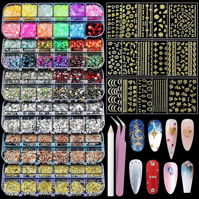 Artdone Nail Art Studs Kit, 6 boxes Multicolor And Design 3D Charms Pearls With 15 Sheets Gold Nail Stickers, Diamond Cute Nail Jewels For DIY Decoration with Pickup Tools