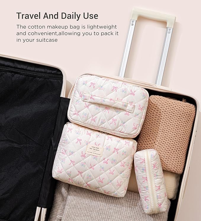 HBselect Quilted Makeup Bag, 3PCS Cotton Large Travel Makeup Bag, Cute Floral Coquette Make up Bag Cosmetic Bag Toiletry Bag for Women Girls