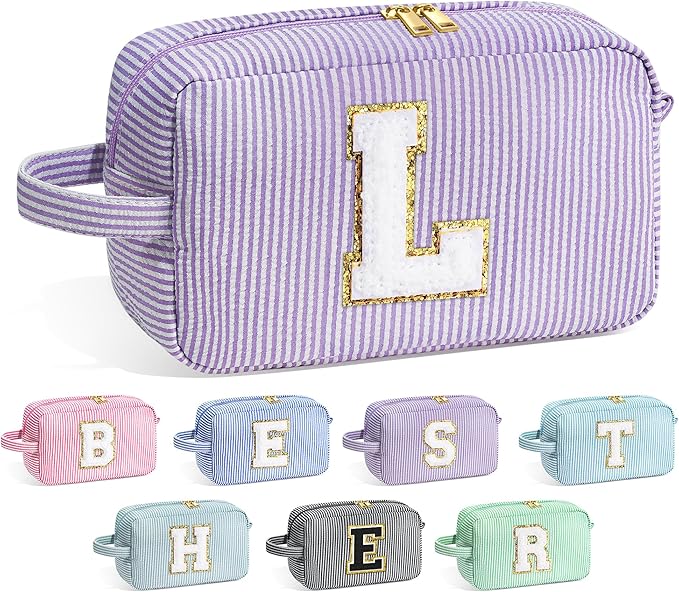 YOOLIFE Makeup Bag: Initial Monogram Cosmetic Travel Makeup Pouch, Purple for Women