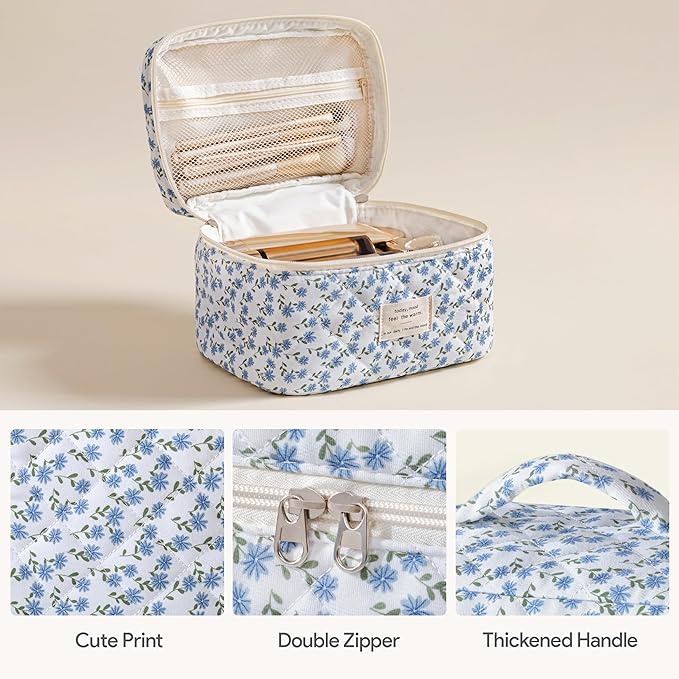 HBselect Quilted Makeup Bag, 3PCS Cotton Large Travel Makeup Bag, Cute Floral Coquette Make up Bag Cosmetic Bag Toiletry Bag for Women Girls