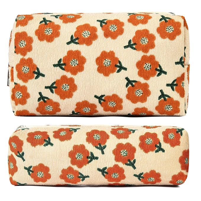 SOIDRAM Floral Cosmetic Bag, Large Capacity Makeup Pouch 1Pcs, Orange Flower