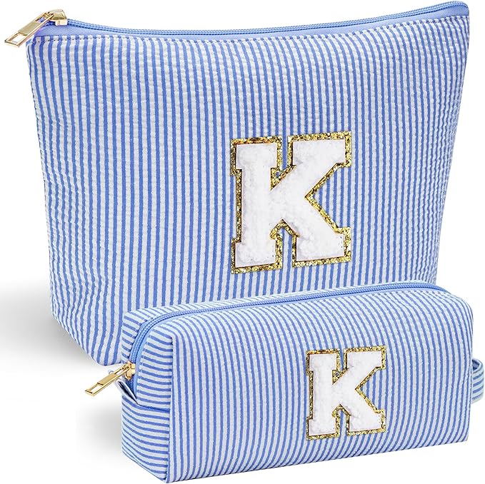 YOOLIFE Initial Makeup Bag |Teen Girl Gifts Trendy Stuff for Girls | Travel Makeup Bag for Girls Gifts | Gifts for 3 4 5 6 7 8 9 10 11 12 13 Year Old Girls | Christmas Gifts for Girls Teen Girl Blue K