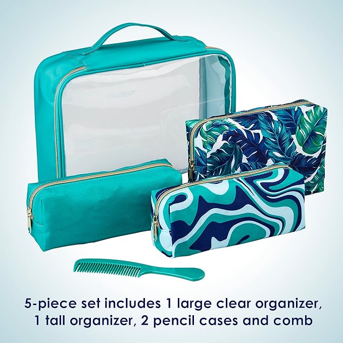 Conair 5 Piece Toiletry and Cosmetic Bag Set Under $30, Includes 4 Makeup Bags and 1 Travel Comb in Teal Palm Prints