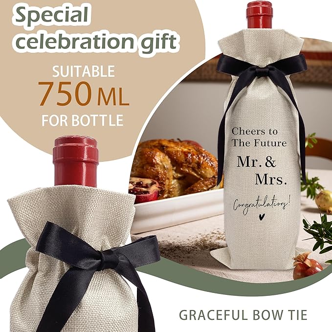 RYIGYWE 1 PCS Black Bow Ribbon Ideas Engagement Gift Wine Bag - Bride to Be Gifts for Bridesmaids Bride Groom Couples Her Him Officiant Gift for Getting Married Engagement Bridal Shower - A45