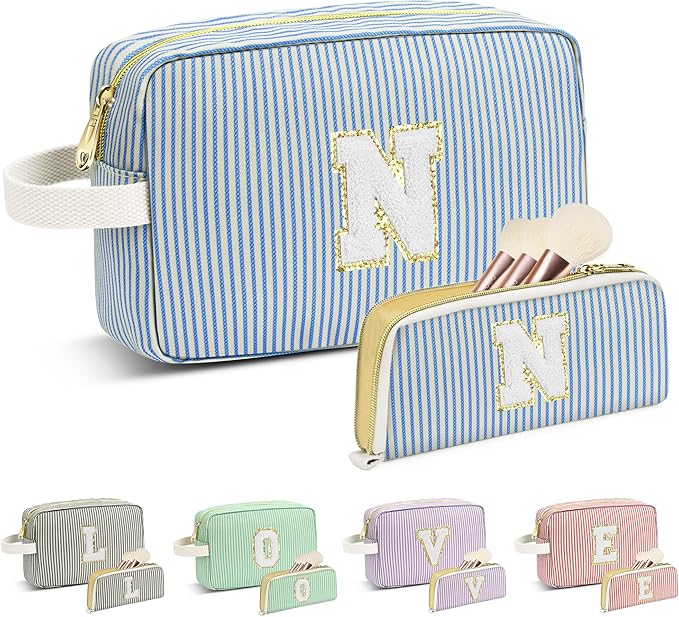Travel Makeup Bag Christmas Gifts for Women Girl Teens, Personalized Initial Makeup Bag for Cute Teen Girls, Preppy Stuff Toiletry Bag Cosmetic Bag, Teen Girls Gift Trendy Stuff, Letter N