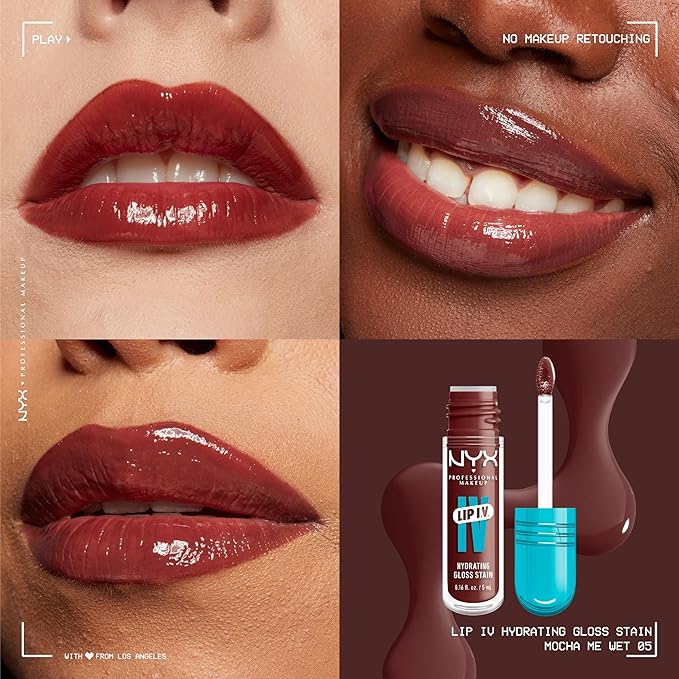 NYX Professional Makeup Lip IV Hydrating Glossy Lip Stain with 12HR Hydration - Mocha Me Wet (Brown)