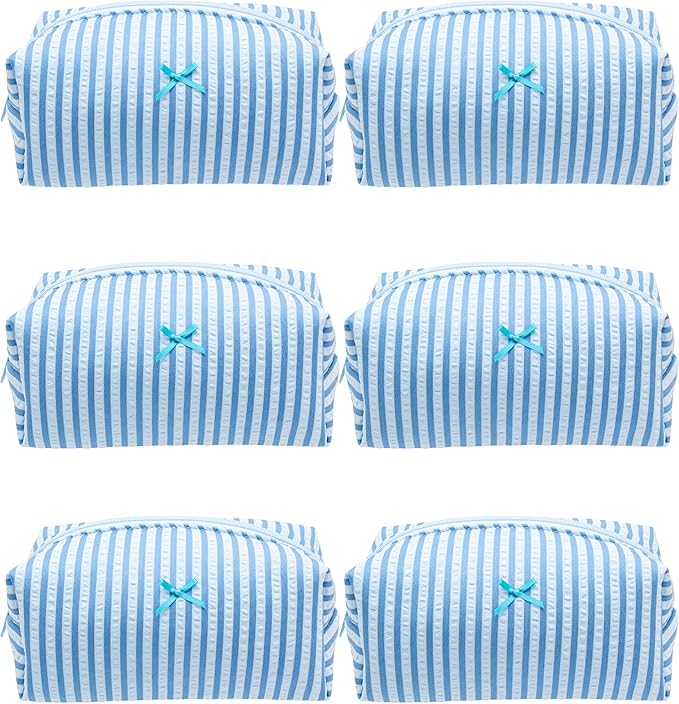 PAZIMIIK 6PCS Cozy Makeup Bag Small Aesthetic Travel Zipper Cosmetic Pouch for Women Make Up Beauty Accessories Brushes, Stripe Lake Blue