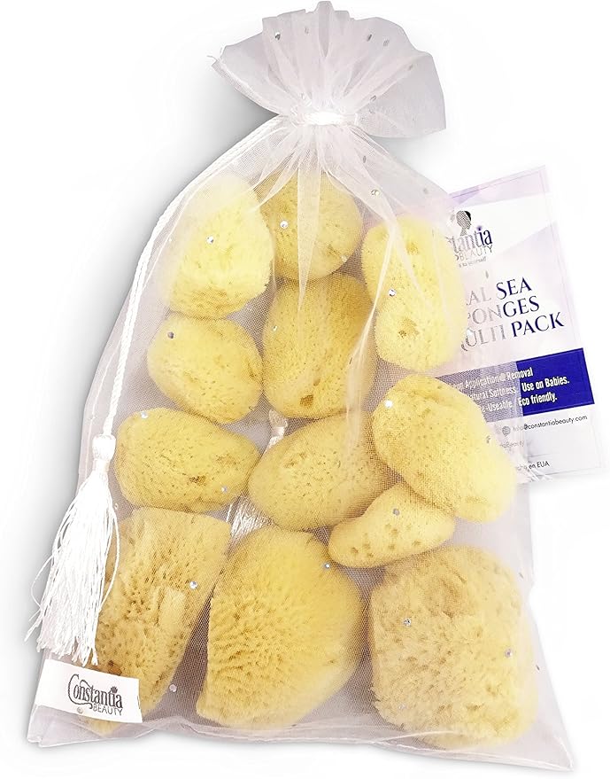 Natural Sea Silk Sponges 12pk: Size 9pc x1.5-2.5" 3pc x 2.5"-3", Like Cotton Balls, for Cosmetic Use, Makeup Application & Removal, Face & Eye Cleaning, with Luxury Gift Bag by Constantia Beauty®