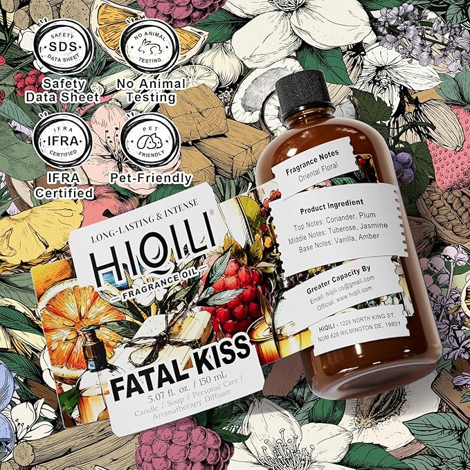 HIQILI Fatal Kiss Fragrance Oil, Tuberose & Plum Scents, for DIY Soap, Candle & Scented Sachets Making, Add to Shampoo & Laundry Detergent - 5.07 Fl Oz