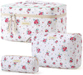 HBselect Quilted Makeup Bag, 3PCS Cotton Large Travel Makeup Bag, Cute Floral Coquette Make up Bag Cosmetic Bag Toiletry Bag for Women Girls